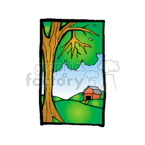 The clipart image depicts a pastoral scene that includes a large tree in the foreground with green leaves, rolling green hills in the background, and a red barn visible in the distance suggesting a serene farm setting. It appears to be a sunny day with a clear blue sky.