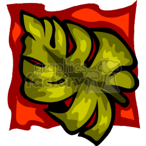 This clipart image features a stylized, tropical Hawaiian leaf with a red background. The leaf is predominantly in various shades of green with yellowish highlights, contributing to a vibrant, tropical aesthetic.