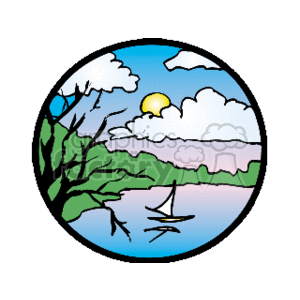 This clipart image features a circular framed landscape. There are two key components visible: the water body and the land. The water could be a lake or a calm river, indicated by the presence of a sailboat with its sail unfurled, suggesting a leisurely setting. The land features include mountains in the background with a gentle gradient of colors that could signify either dawn or dusk. The sky is depicted with light clouds and the sun peeking through, adding to the serene atmosphere. Foreground foliage, likely a collection of tree branches, frames one side of the scene, providing depth and a sense of being a viewer peering through to the vista.