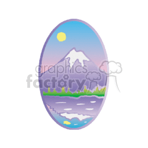 The clipart image depicts a stylized natural landscape scene within an oval frame. It features a snow-capped mountain in the background with purple and pink hues that suggest either dawn or dusk. In front of the mountain, there is a strip of greenery that represents a forest or woods. Below the forest line, the image shows a body of water which could be a lake, with ripples indicating a gentle flow. Reflections are visible on the water surface. A yellow round shape in the upper part of the frame appears to be the sun. The colors are soft and have a gradient effect, giving the scene a calm and serene atmosphere.