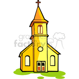 The image is a clipart illustration of a church. It features a yellow church building with a brown roof, a steeple with a cross on top, visible windows, and a pair of red doors. The church is depicted on a simple green base, perhaps to denote grass or ground.