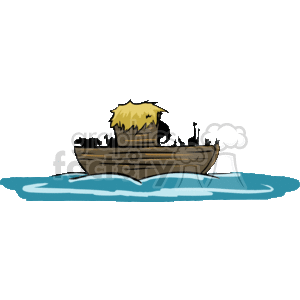 The image features a simplified illustration of Noah's Ark, represented as a large wooden boat floating on water. You can see the boat's structure with a house-like cabin on top, which has a straw roof. Additionally, there are animal silhouettes visible, indicating the Biblical story where animals were taken aboard the ark. The ark is resting on what appears to be a body of water, probably referencing the great flood.