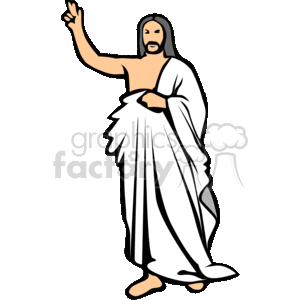The clipart image features a representation of Jesus Christ in a stylized form. He is depicted with one arm raised in a traditional blessing or teaching gesture, with long hair and a beard, wearing a white robe with a draped sash.
