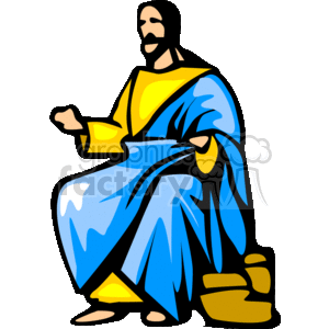 The clipart image depicts a figure that is commonly represented as Jesus Christ in western Christian art. The figure is standing with one hand extended and wearing traditional biblical clothing, including a long blue robe with a yellow sash.