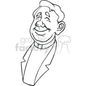 The image depicts a smiling male figure wearing a clerical collar, which suggests that he is a priest or clergy member typically associated with Christian religions. This is a black-and-white clipart illustration.
