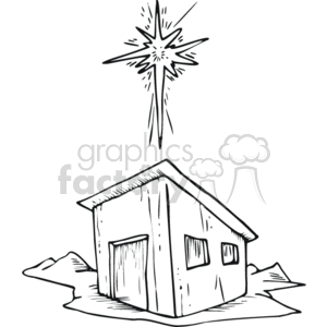 The clipart image depicts a simple, standalone structure that resembles a stable or shack, with a prominent star shining above it. This representation is often associated with Christian religious imagery, alluding to the Nativity scene where the North Star is said to have guided the Three Wise Men to the birthplace of Jesus.
