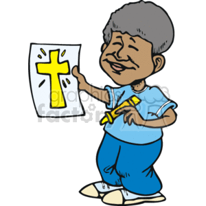 This clipart image features a cartoon representation of an African American character with grey hair, wearing a light blue shirt, dark blue pants, and white shoes. The character is holding and looking at a paper with a drawing of a yellow cross that has a glowing or shining effect around it, indicating a religious Christian theme. The character is also holding what appears to be a crayon or marker in the other hand, suggesting they may have drawn the cross themselves. This could represent a Christian activity related to Ash Wednesday or a general expression of faith.