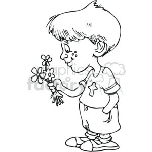 The clipart image shows a young boy with a side-swept hairstyle holding a small bouquet of flowers. The boy is wearing a T-shirt with a cross emblem on it, signifying a Christian theme. The child appears happy or content and is staring at the flowers.