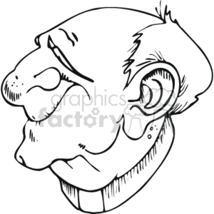 The image is a black and white line drawing of a caricatured man's face, shown in profile. The man has a prominent, exaggerated nose, a bald head with some hair on the side, large ear, closed eye, visible age lines, and a 