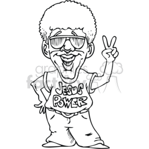 The clipart image depicts a cartoon figure of a person with an afro hairstyle and sunglasses, making a peace sign with one hand. They are wearing a t-shirt with the words Jesus Power on it, indicating a theme of Christian faith or belief in the power of Jesus.