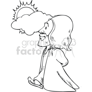 This clipart image depicts a man who appears to be a representation of Jesus based on common iconography, kneeling and looking upwards, possibly in prayer or contemplation. There is a cloud with sun rays emanating from behind the cloud, suggesting a divine or heavenly presence.