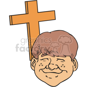 The clipart image depicts a stylized drawing of a smiling boy with a large Christian cross in the background. The boy has short hair and appears to be happy, with his eyes closed in a content expression. The cross is traditional in shape and design, symbolizing Christianity.