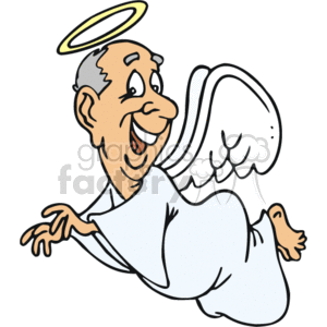 This image depicts a cartoon character of a smiling angel with a halo above its head and wings on its back. The angel appears to be in a flying or floating pose and is dressed in a long white robe.