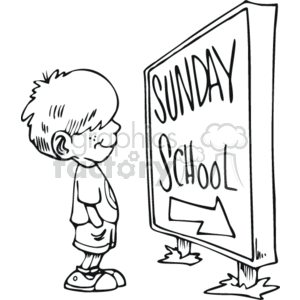 The clipart image features a boy standing and looking at a large sign that reads Sunday School with an arrow pointing to the right. The boy appears to be heading towards his Sunday school class. The image is black and white, outlined in a sketch or cartoon style, and there are a couple of leaves on the ground, which suggests it might be set outdoors.