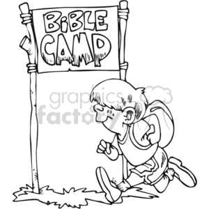 This clipart image shows a young boy with a backpack kneeling on the ground, leaning forward as if he is about to run or is excitedly starting his adventure. Behind him, there is a large sign that reads BIBLE CAMP, held up by two sturdy posts. The boy seems happy and eager, and the context suggests he is at the entrance to a camp that focuses on Christian education or activities related to the Bible.