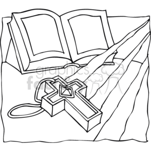 The clipart image depicts an open Bible or a book with blank pages, resting on a draped cloth. In front of the open book, there is a Christian cross with a design or possibly a jeweled pattern, lying down and appearing to have a circular loop as if it's part of a necklace or rosary.