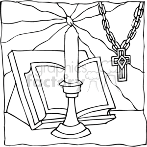 The clipart image depicts a collection of Christian religious items. It includes an open Bible, which is a central text in Christianity, a lit candle on a candlestick, symbolizing the light of God or the presence of God, and a pendant necklace with a Christian cross, which is a representation of the instrument of the crucifixion of Jesus Christ and a symbol of faith for Christians.