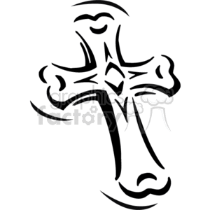 The image is a stylized black and white clipart of a Christian cross with flowing, curvilinear lines suggesting a sense of fluidity and artistic embellishment.