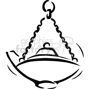 The image is a black and white line art representation of a hanging lantern. The lantern is depicted with a curved bottom and a handle attached to a chain for hanging.