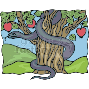 The image is a stylized clipart representation of a tree with a snake wrapped around its trunk. There are red apples hanging from the branches of the tree. The setting suggests a calm, possibly garden-like environment. This image may be associated with the biblical story of Adam and Eve in the Garden of Eden, where a serpent tempts Eve to eat the forbidden fruit from the Tree of Knowledge of Good and Evil.