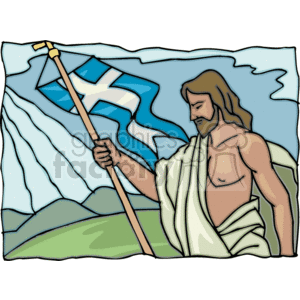 This clipart image depicts a stylized representation of Jesus Christ holding a flag with a blue cross design on a light blue background. Jesus is shown with traditional long hair, beard, and wearing a white robe draped over one shoulder, suggesting classical or biblical garb. The background suggests a simplistic landscape with hills or mountains.