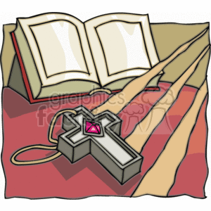 The clipart image depicts an open Bible placed on what appears to be a draped red cloth. In front of the Bible, there is a Christian cross with a design on it, possibly containing a gemstone, and attached to a necklace or string.