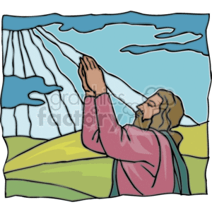 The clipart image displays a stylized representation of a person with long hair and a beard, wearing a robe, situated outdoors with hands clasped together in a praying gesture. In the background, there appears to be a depiction of a brightly lit mountain, perhaps symbolizing divine presence or inspiration, under a sky with several clouds.