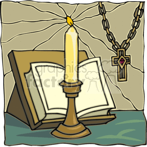 The clipart image features key elements often associated with the Christian religion. It shows an open Bible as the central object, which is the holy scripture in Christianity. Next to the Bible, there's a lit candle on a candlestick, symbolizing the light of God or the presence of the Holy Spirit. Behind these items, there appears to be a hanging cross with a chain, possibly a crucifix, suggesting personal faith or devotion. The cross has a gem-like detail at its center. The backdrop seems to convey a sense of sacred or ecclesiastical space, perhaps the interior of a church or a place of personal worship.