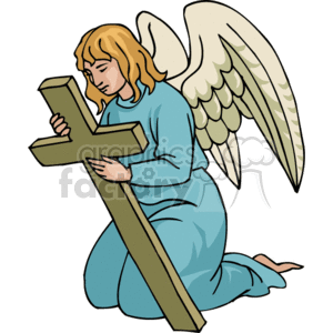 The clipart image depicts an angel with folded wings, clothed in a blue robe, holding a cross and appearing to be in a posture of prayer or reverence.
