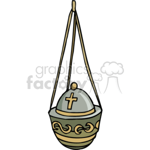 The image is a clipart illustration of a Christian incense burner, often referred to as a censer or thurible, which is used in Christian liturgical ceremonies to burn incense. It is depicted with a cross on its lid, indicating its religious use.