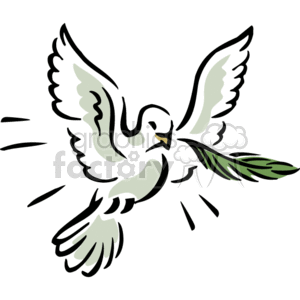 The clipart image depicts a white dove in flight, carrying an olive branch in its beak. The dove has its wings spread wide, and there are simple lines around it that suggest radiance or light. The image is stylized rather than realistic.