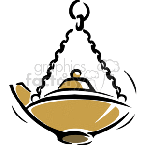 This clipart image shows a stylized oil lamp, typical of what might be referred to in historical or religious contexts. The lamp has a broad, curved base and a lid with a handle on top. It has a chain attached to it for hanging purposes.