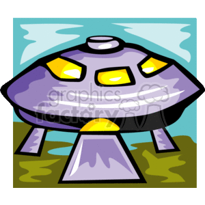 This is a clipart image of a cartoon-style UFO (Unidentified Flying Object) or spaceship, which is often associated with sci-fi (science fiction) themes. The UFO in the image is depicted with a saucer-like shape with yellow windows or lights and appears to be landing or taking off, as indicated by the blast or beam coming from the bottom.