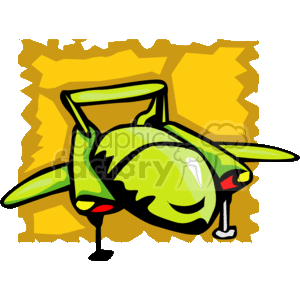 The image is a colorful, cartoon-style clipart of a UFO or spaceship. Visible features include a bright green main body, with light green and yellow highlights, a glass-like cockpit area, and red and green lights or indicators. The UFO is depicted with a quirky design, likely intended to be whimsical rather than realistic. It appears to be hovering or landing, as indicated by the use of shading beneath the craft. The background is a textured yellow, resembling torn paper or an abstract artistic effect.