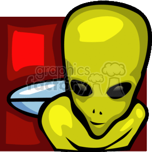 This clipart image depicts a stylized representation of a classic green alien with large black eyes, a bald head, and a small nose and mouth. The alien appears to be peeking from the lower right corner, with what looks like a part of a spacecraft or a window in the background, suggested by the curved metallic edge and pane.