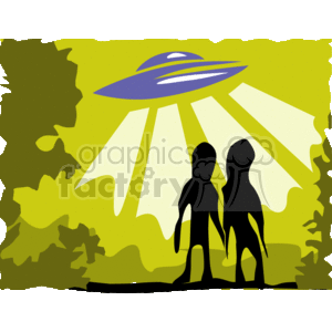 The clipart image depicts a UFO (Unidentified Flying Object) with radiant beams shining down from its underside. It is hovering mid-air and appears to be either landing or abducting. In the foreground, there are two silhouetted alien figures, presumably Martians or extraterrestrial beings, standing with their bodies facing the viewer. There is a background that suggests an otherworldly landscape with stylized representation of foliage or alien terrain.
