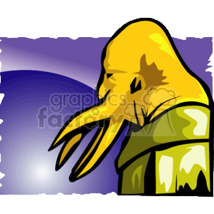 The clipart image depicts a stylized representation of an alien creature. Features of the alien include a large, bulbous head with what appear to be long tentacle-like appendages hanging from its face, potentially serving as sensory organs or a form of mouthparts. The alien has a yellowish complexion with shading that gives it a three-dimensional look. It is wearing what might be interpreted as a garment with green and dark coloration, possibly a uniform or armor. The background consists of a purplish abstract design evoking a cosmic or interstellar theme.