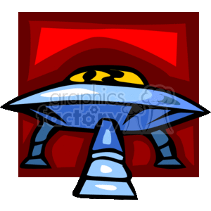 The image is a colorful and stylized clipart illustration of a UFO (Unidentified Flying Object) often associated with extraterrestrial life and Sci-Fi (science fiction) themes. The spaceship has a classic saucer-shaped design with a domed top and lights, suggesting a hovering or landing motion with a beam projecting from the bottom.