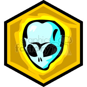 This is a stylized clipart image featuring what appears to be an extraterrestrial or alien face with large almond-shaped eyes and a small nose and mouth, set within a badge or emblem that has layered borders. The alien has a cyan glow and the badge has yellow and black accents.