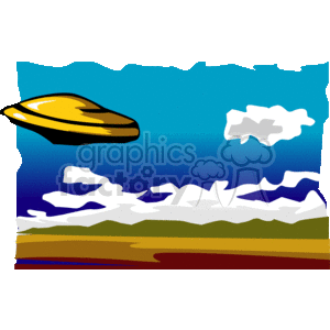 The clipart image depicts a UFO (unidentified flying object), commonly associated with extraterrestrial spacecraft in science fiction. The UFO is shown flying in the sky with clouds below it and appears to be a classic flying saucer design with a metallic sheen.