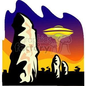 The clipart image depicts a stylized alien landscape with a UFO hovering in the sky. The background suggests a sunset with gradients of orange and yellow, and the silhouette of an alien terrain with unusual rock formations is visible in the foreground. The UFO has a classic disc shape with lights, typical of science fiction imagery.