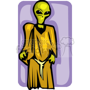 The image shows a stylized cartoon illustration of an alien with typical features associated with extraterrestrial life forms in popular culture and science fiction (Sci-Fi). This alien has a large head, big black almond-shaped eyes, a small nose, and a small mouth. The skin color is green, and it is wearing a draped, yellow garment.