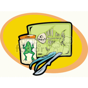 The clipart image displays a collection of items related to biology or science education. There's a jar with a green frog inside, a framed picture of a fish skeleton, and what appears to be a feather next to the jar.