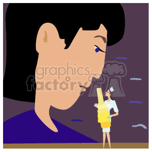 The image is a stylized graphic that represents a medical scenario. It shows a large profile view of a person's face, likely a patient, with a smaller figure of a nurse or doctor holding a syringe, seemingly preparing for an injection. The medical professional is depicted in blue and white attire, which is commonly associated with healthcare uniforms. The background is simple with a few abstract lines, likely indicating motion or a busy environment, which could be symbolic of a hospital setting. 