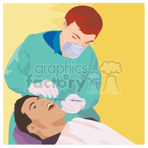 This clipart image depicts a dental scenario. A healthcare professional, possibly a dentist, wearing a surgical mask and a teal scrub, is examining or treating a patient's teeth. The patient lies back in a dental chair and appears to be undergoing a dental procedure or check-up. The image is stylized and simplified, typical of clipart.