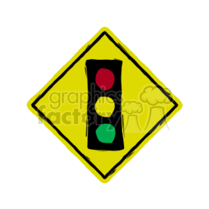 The image shows a clipart depiction of a traffic light within a diamond-shaped yellow sign. The traffic light is shown with three colored circles in the standard arrangement: red at the top, yellow in the middle, and green at the bottom.