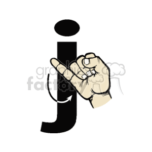 This clipart image depicts a hand performing a sign language gesture against the background of a large letter j. The gesture appears to be the sign for the letter J in American Sign Language (ASL), as indicated by the positioning of the fingers and the motion arrow suggesting a sweeping movement typical for signing this letter.