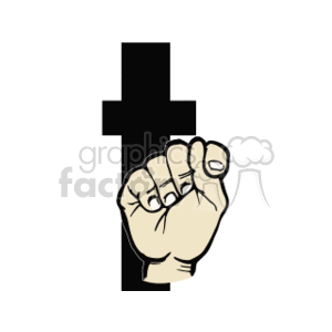 The clipart image features a hand positioned to make a sign from the American Sign Language (ASL). The hand is in a fist-like position, which could represent one of the letters from the ASL alphabet or a number, depending on context and orientation. Behind the hand is a simplified depiction of a T.