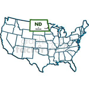 The image is a clipart representation of the United States map highlighting the state of North Dakota. You can see the outline of all US states with the state borders marked, and North Dakota is distinguished with a contrasting fill and labeled with its postal abbreviation ND. Additionally, there is a box over North Dakota with the same abbreviation ND and the names Bismarck and Fargo, which are two major cities in the state.