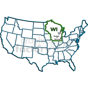 The clipart image displays a map of the United States with state lines drawn out. There is a highlight on the state of Wisconsin, which is colored in green and features a label with the state abbreviation WI and the words Dairy Cheese Nuggets Neward. It appears to be an iconographic representation indicating Wisconsin's association with dairy products and possibly a whimsical or fictionalized reference to nuggets Neward.